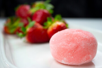 Mochi with fruits, fresh strawberries, dessert, food
