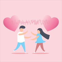 Joyful lovely couple with signal heart togeher to improve love in  valentine's day banner. Decoration for love design for valentine's day festival pink background. Vector illustration paper art style.
