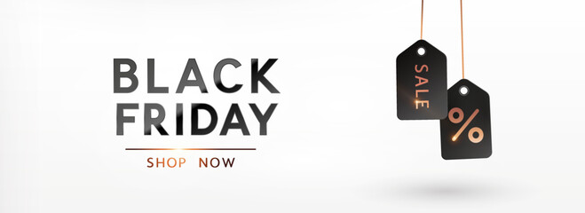 Black Friday Shop Now promotion banner. Realistic labels with golden sale, discount, percent tags. Vector white background, poster, special offer template