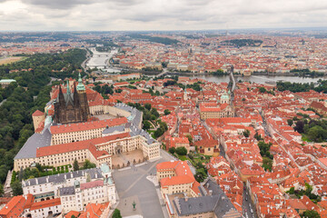 Fototapeta na wymiar Prague Old Town with St. Vitus Cathedral and Prague castle complex with buildings revealing architecture from Roman style to Gothic 20th century. Prague, capital city of the Czech Republic
