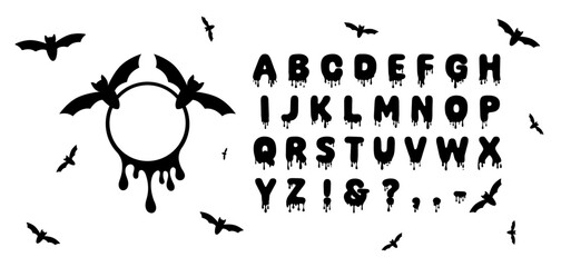 Dripping Alphabet Halloween Round Frame with Bats Bloody Letters