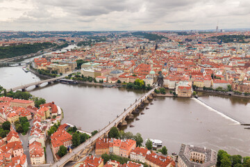 Naklejka na ściany i meble Prague Old Town in Czech Republic with Famous Sightseeing Places in Background. Charles Bridge Iconic 14th century Structure with View, Vltava river and Prague Cityscape. Must Visit City