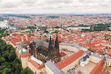 Fototapeta na wymiar Prague Old Town with St. Vitus Cathedral and Prague castle complex with buildings revealing architecture from Roman style to Gothic 20th century. Prague, capital city of the Czech Republic