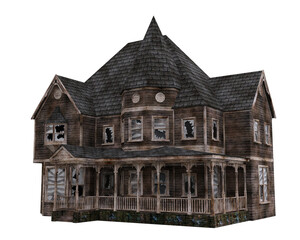 Old Victorian haunted mansion house. Perspective view 3D illustration isolated. - obrazy, fototapety, plakaty