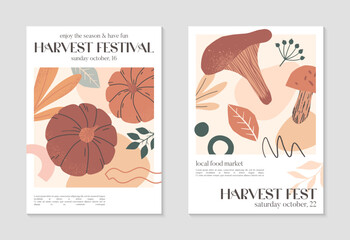 Autumn harvest festival posters with pumpkins,shapes,foliage and copy space for text.Trendy autumn covers for invitations,social media marketing,placard,brochure.Harvest fest vector illustrations
