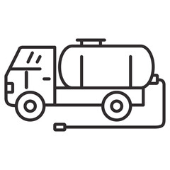 Vacuum truck line icon.Waste disposal machine.Fuel tanker truck.Septic truck for sewage sludge transportation.Outline vector illustration.Isolated on a blue background.