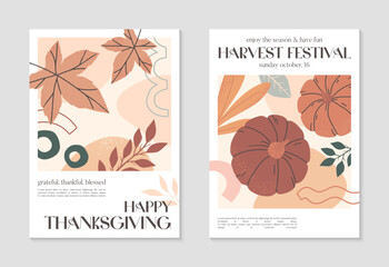 Happy Thanksgiving Day and harvest posters with organic shapes,foliage and copy space for text.Modern autumn covers for invitations,social media marketing,placard,brochure.Trendy holiday backgrounds.