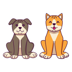 Set smiling is a breed of dog sit.Cute pet animal.Dog face cartoon.Hand drawn line art vector illustration.Isolated on white background.