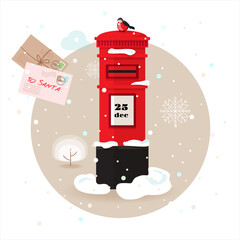 Letters to Santa Claus, traditional british red mail box with cute little robin bird at snowy landscape. Santa mail concept in round frame. Christmas holiday, envelopes, snowing. Vector illustration