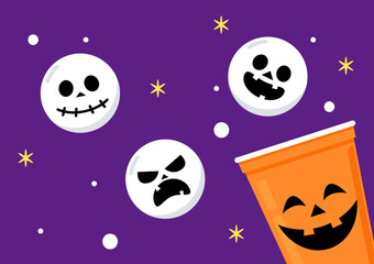 Halloween face on plastic cup. Party cup isolated. background, vector illustration. Halloween beer cup vector. Beer pong. Halloween face on plastic cup.