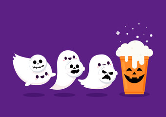 Halloween face on plastic cup. Party cup isolated. background, vector illustration. Halloween beer cup vector. Beer pong. Halloween face on plastic cup. Cute ghost cartoon vector.