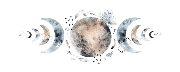 Watercolor and ink illustration of a moon with a crescent moon with gilding, feathers, flowers  poppies, splashes and other decorative elements. For posters, covers and other decorations. © Mary