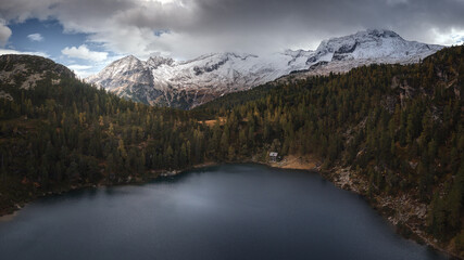High angle panoramic view of beautiful mountain lake 