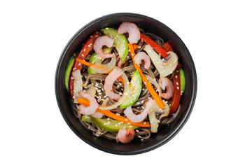 Noodles wok, with vegetables, herbs and sesame. In a black round plate. On a white background.