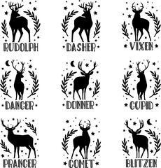 Christmas reindeer names vector illustrations set - obrazy, fototapety, plakaty