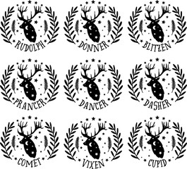 Reindeer names vector illustrations set. Christmas wreaths clipart