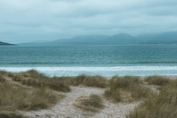 The beautiful, scenic landscape in Luskentyre Beach, Isle of Lewis andHarris, in a windy, cloudy...
