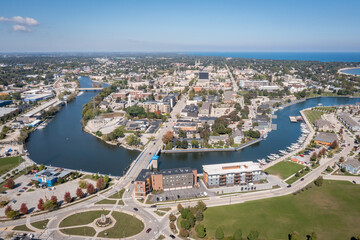 Sheboygan, WI USA - September 30, 2022: Aerial view of the Sheboygan marina and surrounding area