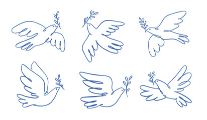 Peace dove with olive branch symbol. Bird symbol of peace and freedom in simple linear style. Doodle vector illustration