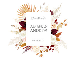 Pampas grass and roses, ranunculus vector design invitation frame. Rustic wedding greenery.