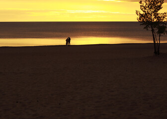 a young couple on the shore looks towards the sunset, a beautiful romantic sunset photo