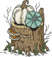 Autumn halloween pumpkin and stump. October composition for postcard or poster