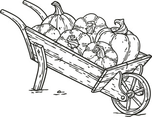 Vintage wooden rustic vegetable cart. Autumn halloween october graphic elements for poster or postcard design