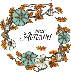 Autumn round design with text area. Halloween october pumpkins and leaves