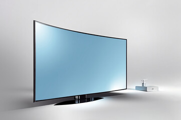 Smart TV with blank empty mockup blue screen connected to a smart device, mixed digital 3d illustration and matte painting.