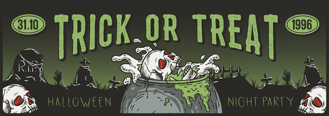 Halloween cementary party poster, trick or treat, skulls, bones and skeletons