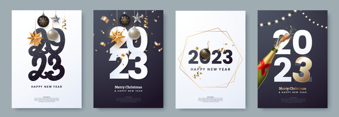 Happy New Year 2023 poster collection. Greeting card template with typography and christmas decorations in realistic style. Winter holidays flyer design. Ideal for party invite, banner. Vector eps 10