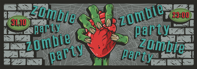 Halloween party poster with zombie hand, heart and cemetery. October autumn scary banner