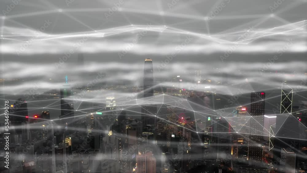 Poster futuristic, web hologram of urban city for 5g internet, networking wifi or information technology cy