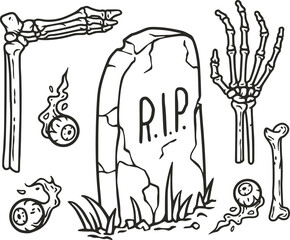 Halloween element set. Tombstone, eyes and skeleton hands