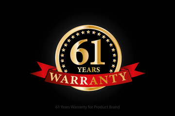 61 years golden warranty logo with ring and red ribbon isolated on black background, vector design for product warranty, guarantee, service, corporate, and your business.