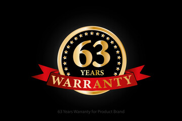63 years golden warranty logo with ring and red ribbon isolated on black background, vector design for product warranty, guarantee, service, corporate, and your business.