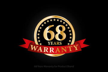 68 years golden warranty logo with ring and red ribbon isolated on black background, vector design for product warranty, guarantee, service, corporate, and your business.