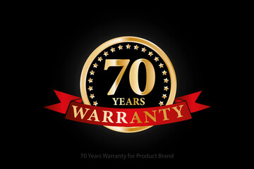 70 years golden warranty logo with ring and red ribbon isolated on black background, vector design for product warranty, guarantee, service, corporate, and your business.