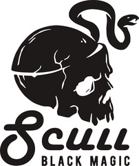 Skull with snake for halloween skeleton print. Halloween undead and walking dead. Fear, horror and spooky zombie for design dark party of happy halloween