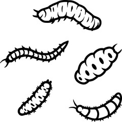 Set of illustrations of caterpillar and maggots worms for halloween design. Scary insect larvae. October party banner, poster or postcard