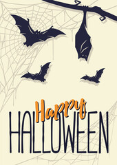 Colored halloween party invitation, banner, poster or postcard with scary horrible bats and spider web illustrations for october holiday design