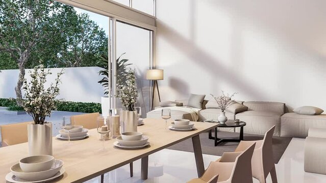 Animation of modern white house interior 3d render with open sliding door overlooking swimming pool terrace and nature view