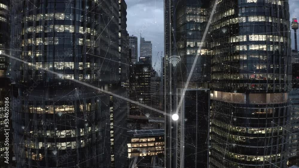 Aufkleber business, internet and wifi in futuristic city with connection, network and digital web. social netw