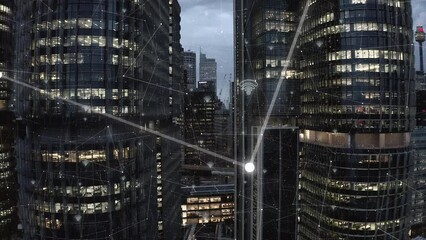 Business, internet and wifi in futuristic city with connection, network and digital web. Social network, digital marketing and ecommerce in smart city with future and innovation in new technology