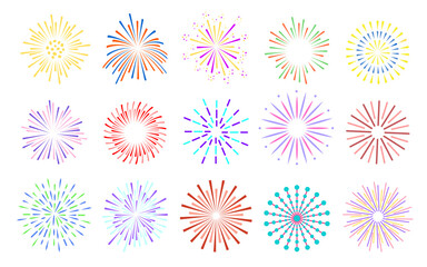 Fireworks colorful bright set. Celebration fire firework christmas new year pyrotechnics firecracker night festival birthday party. Vintage sunburst bursting sun rays. Radial light beams salute spark