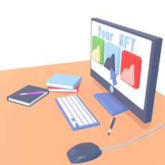 3D Illustration of workspace on PNG background. 3D rendering of screen workspace with pc laptop illustration.