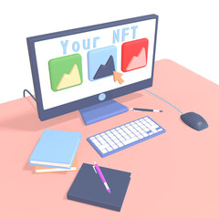 3D Illustration of workspace on PNG background. 3D rendering of screen workspace with pc laptop illustration.