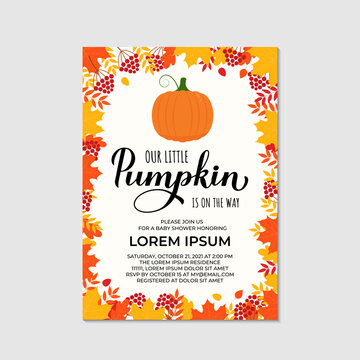 Our Little Pumpkin is on the way. Fall Baby Shower invitation card. Vector template