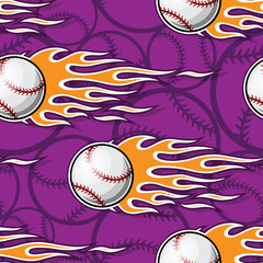 Baseball balls seamless pattern with fire flame. vector graphic wallpaper packaging fabric textile wrapping paper design