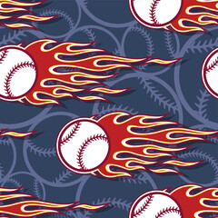 Fototapeta na wymiar Baseball wallpaper vector image repeating tile background baseball balls and fire flames seamless pattern texture